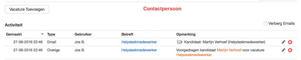 email log voorgestelde kandidaten bij contactpersoon